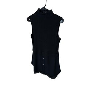 Theory Womens Black Mixed Media Ribbed Mock Neck Sleeveless Chiffon Hem Top M